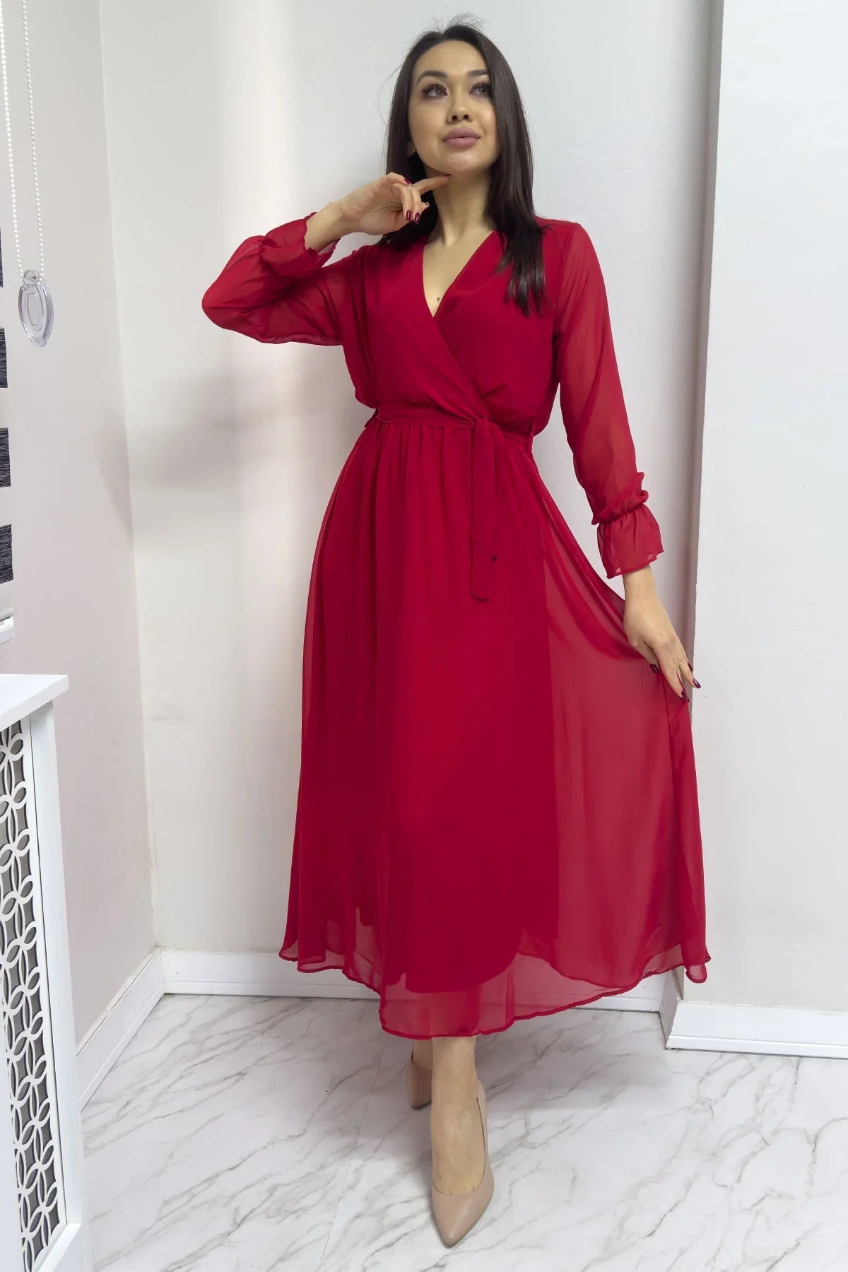 Women's Red Wrap Neck Chiffon Plus Size Dress