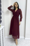 Burgundy Cross-Over Neck Midi Length Chiffon Dress