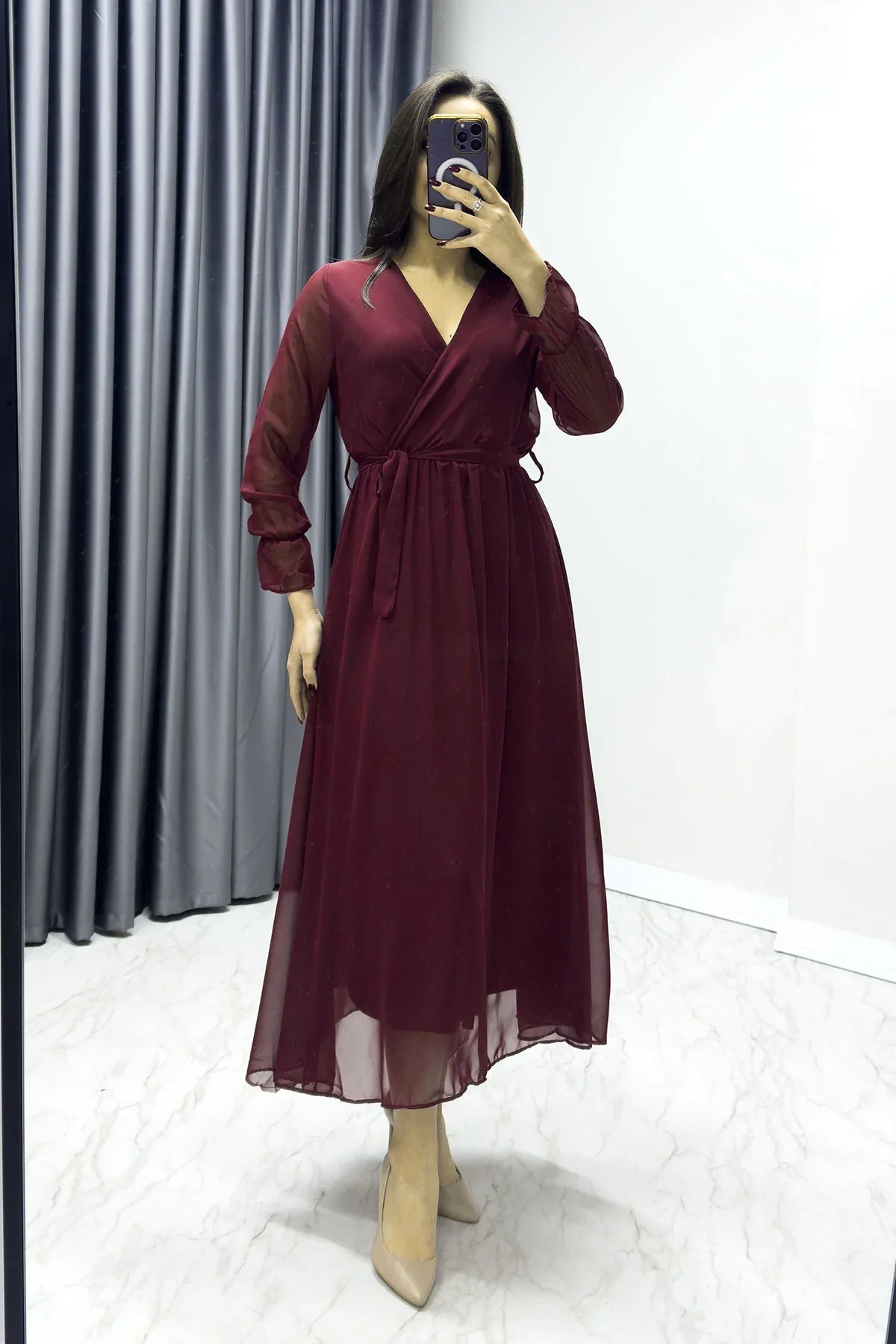 Women's Burgundy Wrap Neck Chiffon Plus Size Dress