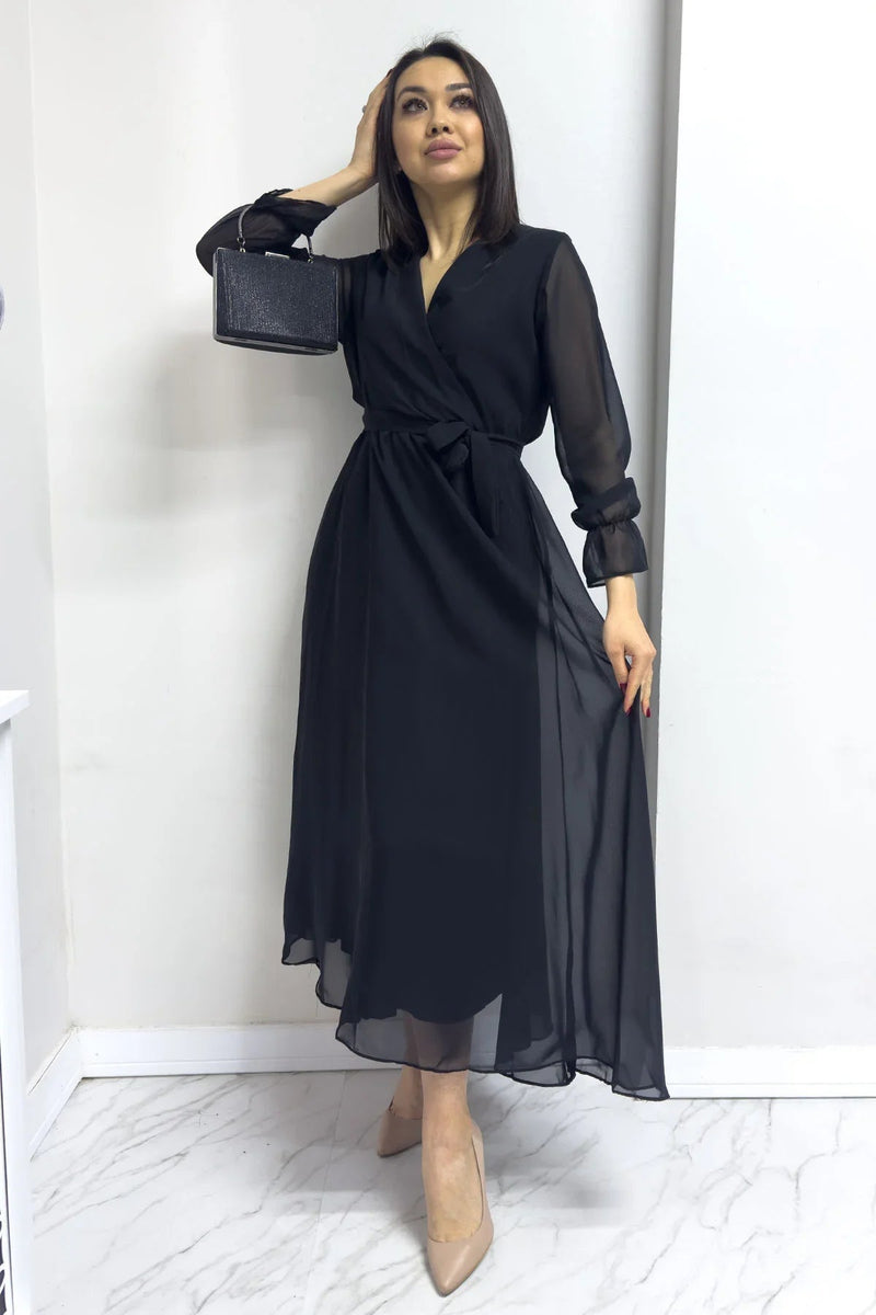 Women's Black Wrap Neck Chiffon Plus Size Dress