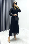Black Cross-Over Neckline Midi Length Chiffon Dress
