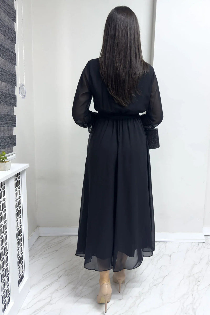 Women's Black Wrap Neck Chiffon Plus Size Dress