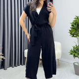Black Cross-Over Neck Belted Short Sleeve Jumpsuit