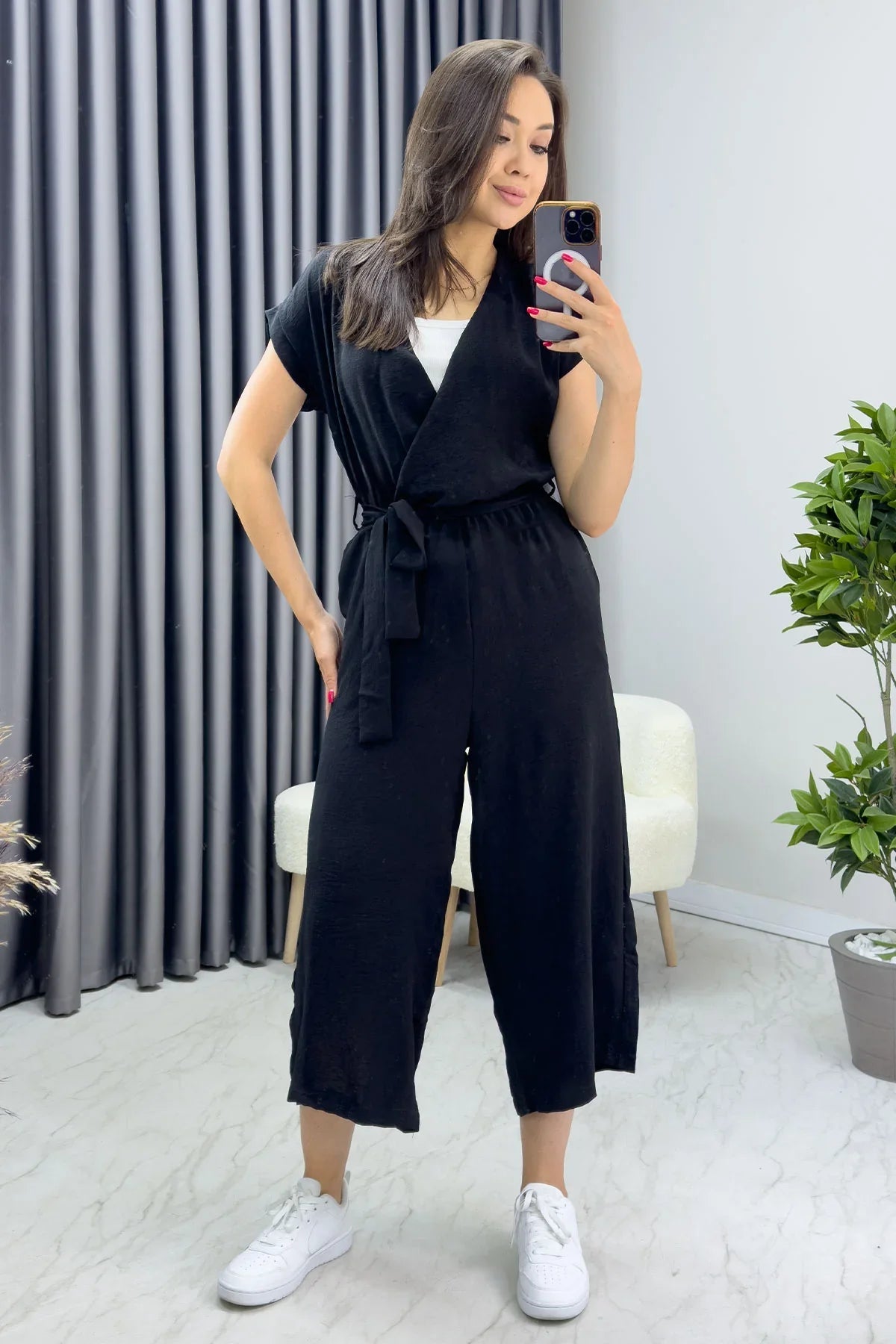 Women's Black Wrap Neck Belted Short Sleeve Jumpsuit