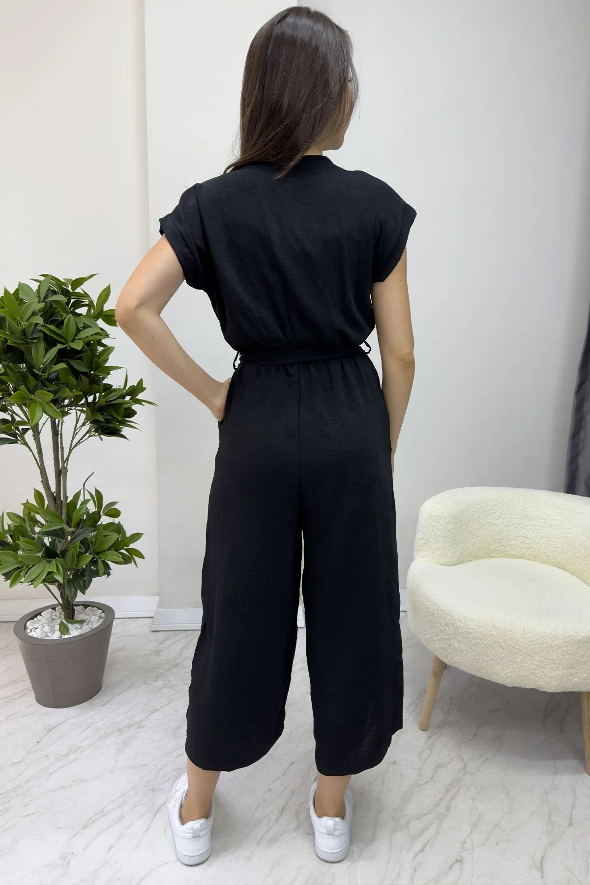 Women's Black Wrap Neck Belted Short Sleeve Jumpsuit