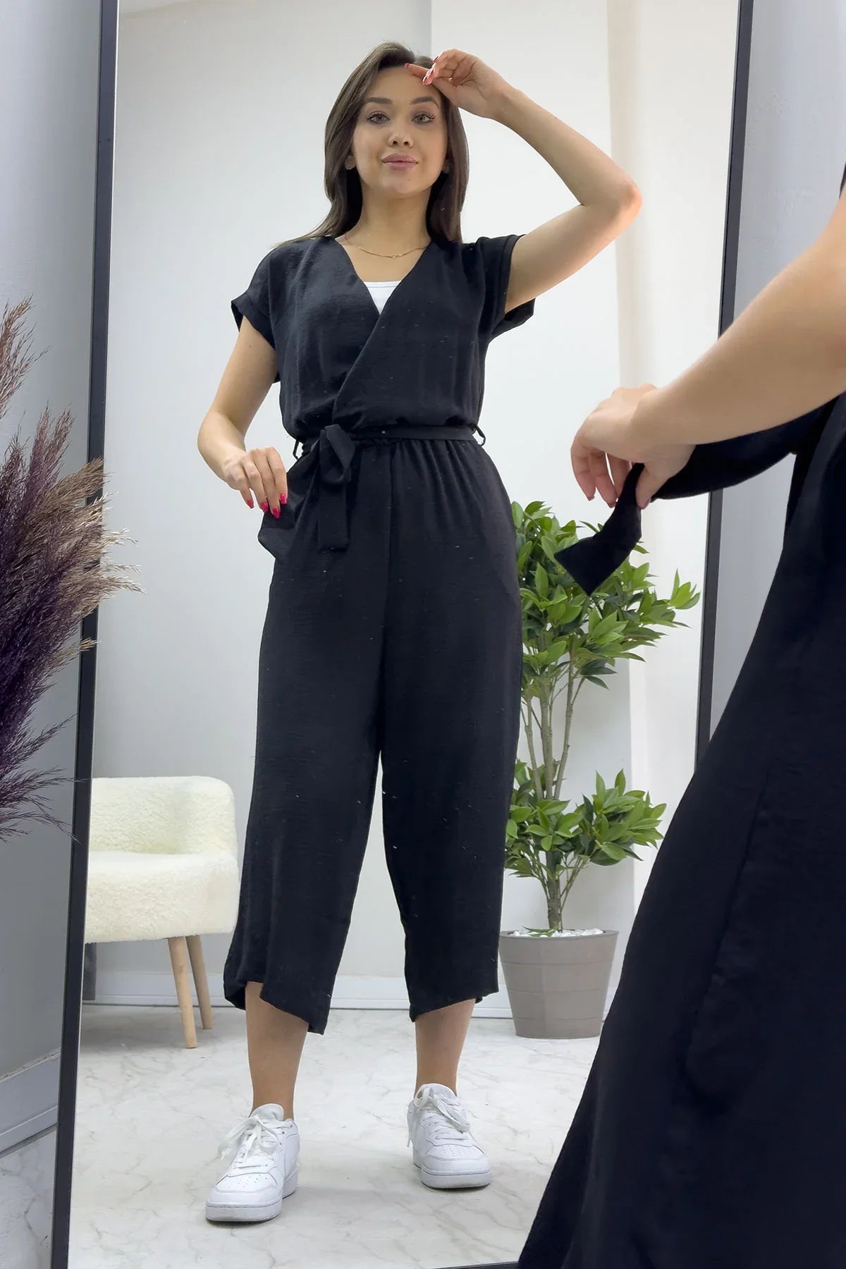 Women's Black Wrap Neck Belted Short Sleeve Jumpsuit