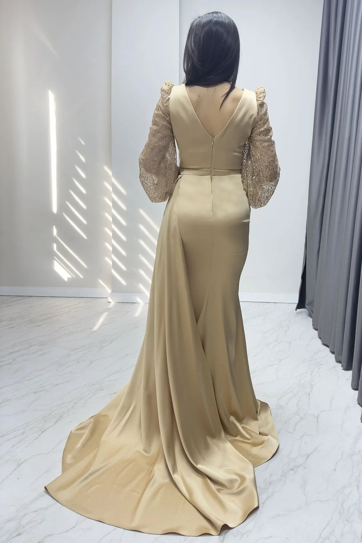 Women's Wrap Neck Gold Draped Glitter Sleeve Satin Evening Gown