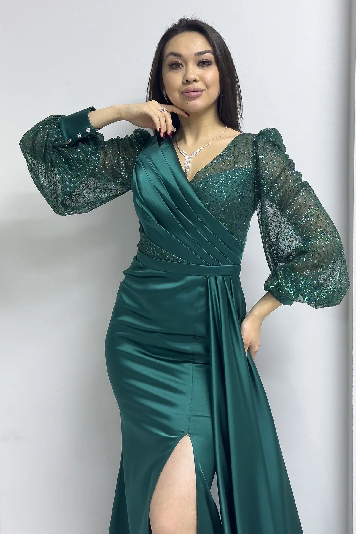 Women's Wrap Neck Emerald Green Draped Glitter Sleeve Satin Evening Gown