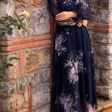 Navy Blue Flower Patterned Midi Chiffon Dress