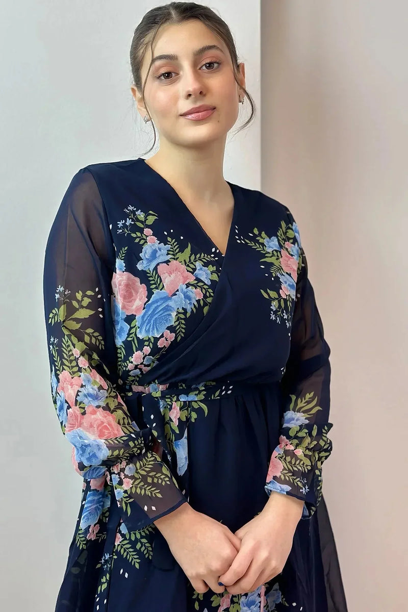 Women's Navy Blue Çiçek Patterned Wrap Neck Chiffon Plus Size Dress