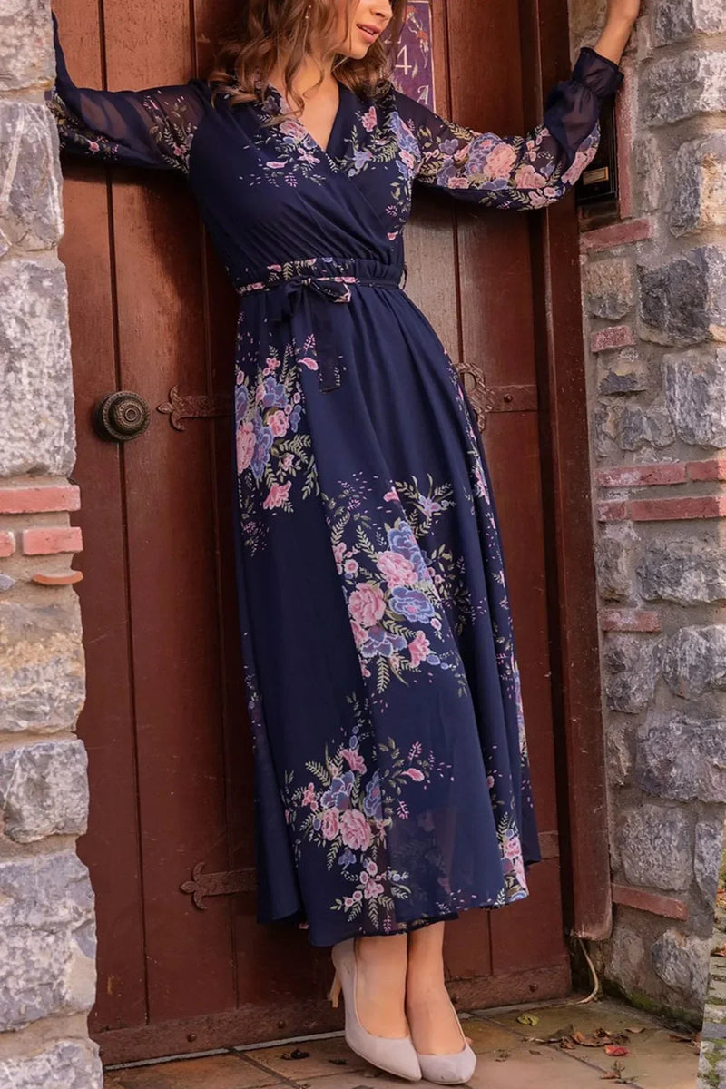 Women's Navy Blue Çiçek Patterned Wrap Neck Chiffon Plus Size Dress