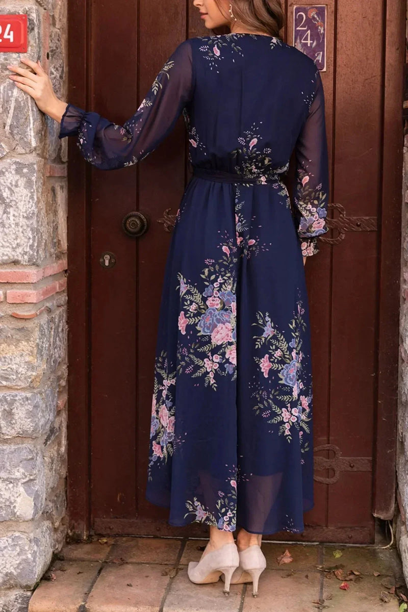 Women's Navy Blue Çiçek Patterned Wrap Neck Chiffon Plus Size Dress