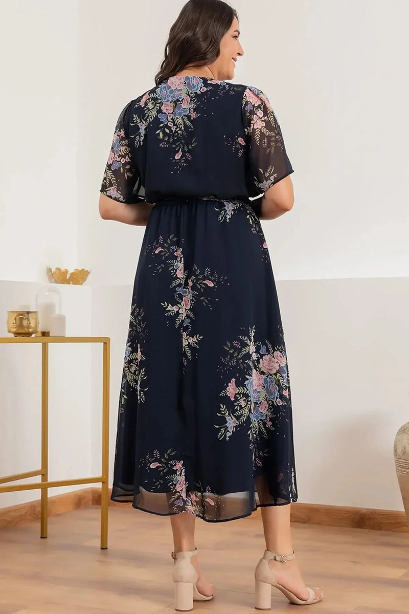 Women's Navy Blue Floral Short Sleeve Lined Plus Size Chiffon Dress