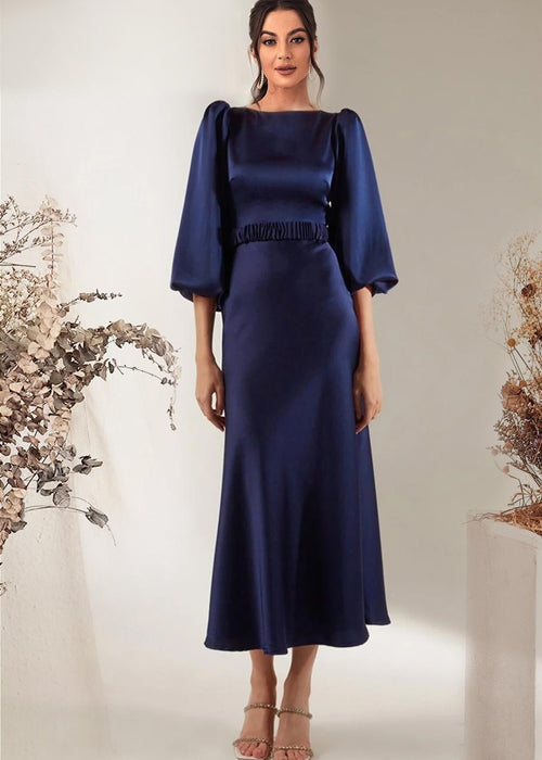 Navy Blue Belted Balloon Sleeve Midi Satin Plus Size Evening Dress