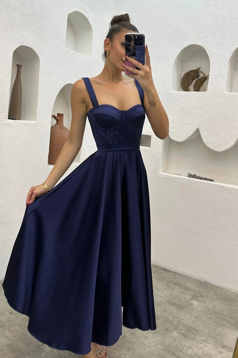 Women's Navy Blue Midi Arkadan Tie Gloplu Evening Gown,Balo,Mezuniyet Dresssi