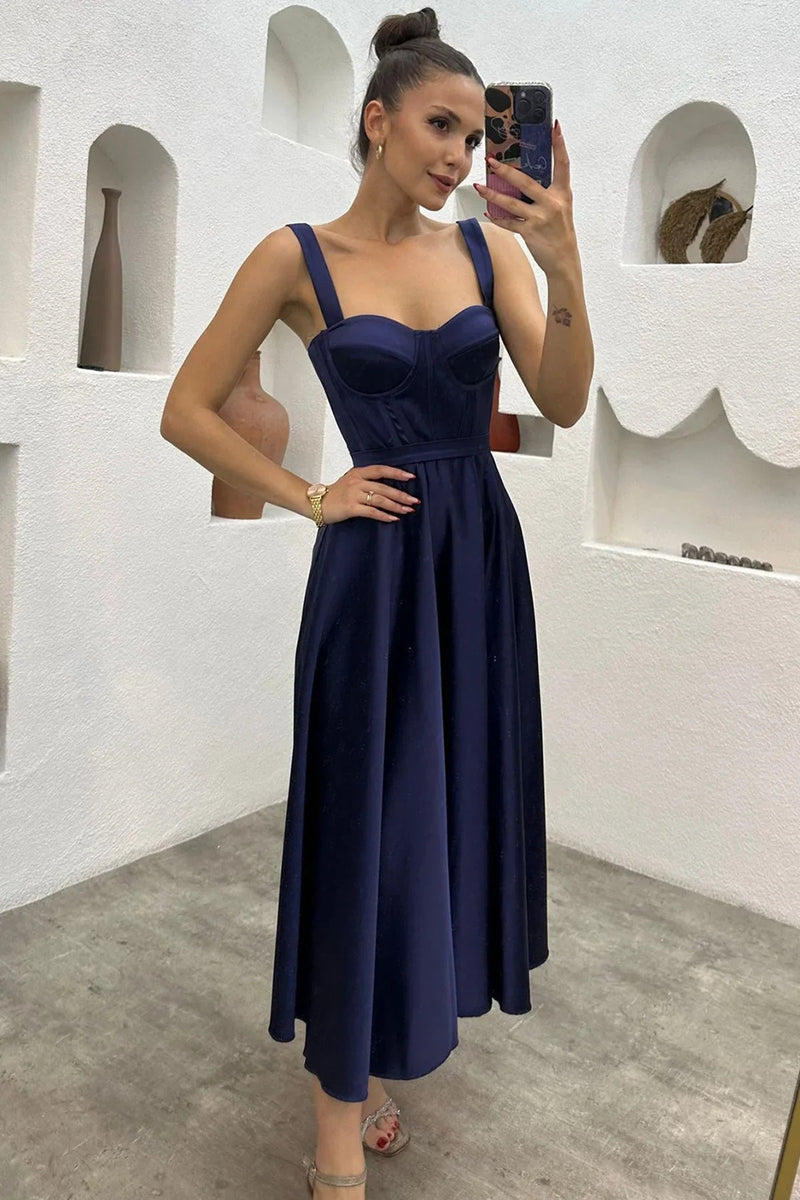 Women's Navy Blue Midi Arkadan Tie Gloplu Evening Gown,Balo,Mezuniyet Dresssi