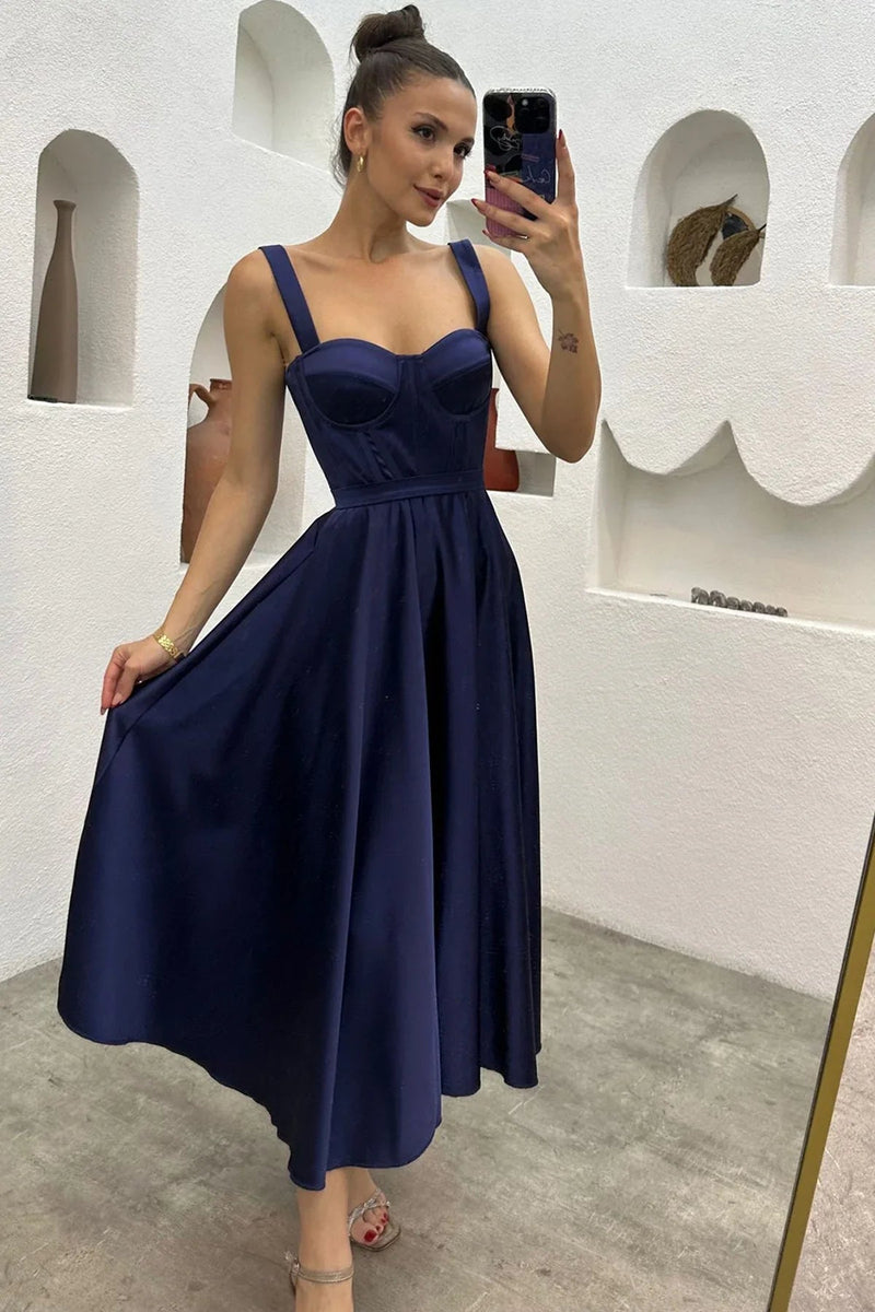 Women's Navy Blue Midi Arkadan Tie Gloplu Evening Gown,Balo,Mezuniyet Dresssi