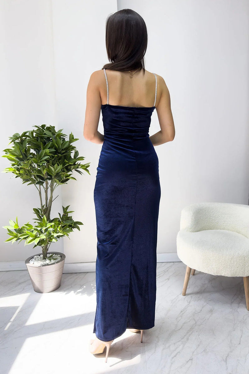 Women's Navy Blue Taş İnce Strap Slit Velvet Yeni Sezon Evening Gown