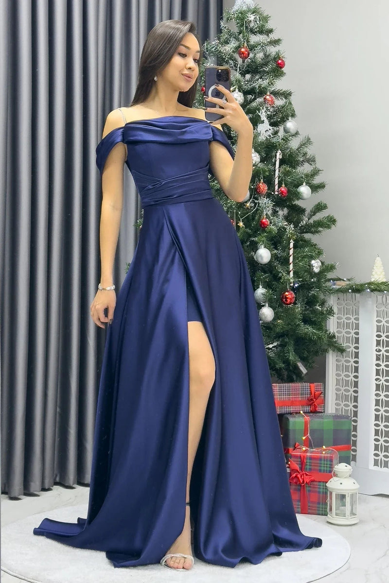 Women's Navy Blue Taş Strap Off-Shoulder Satin Slit Evening Gown - the ZKS