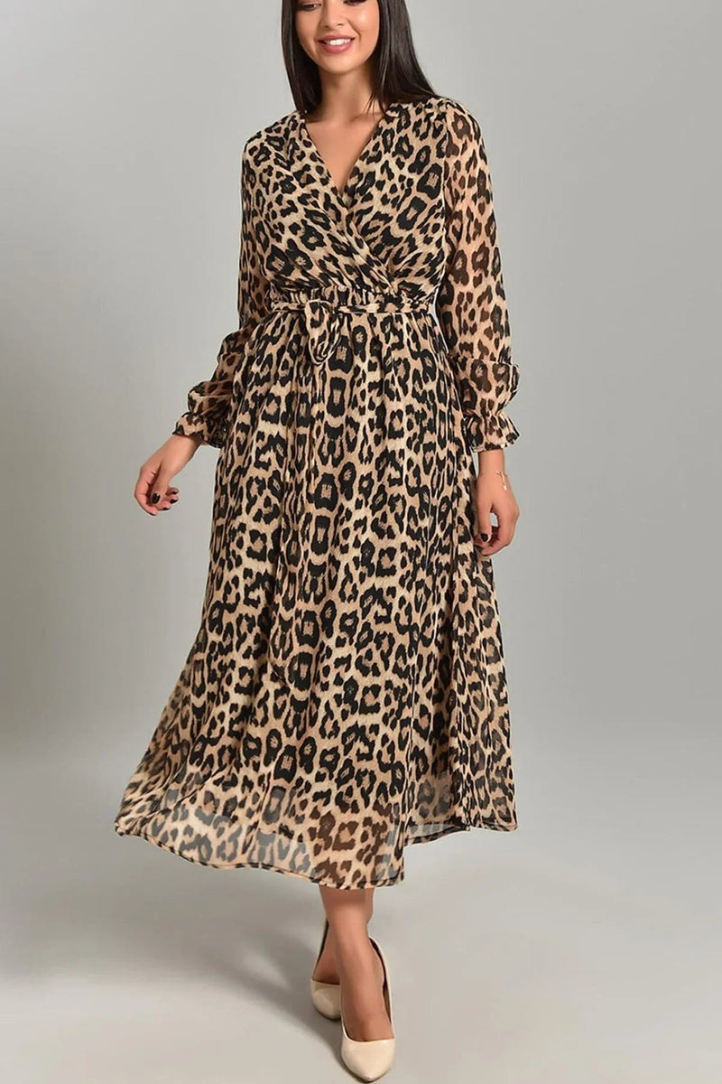 Women's Leopard Printli Wrap Neck Chiffon Plus Size Dress
