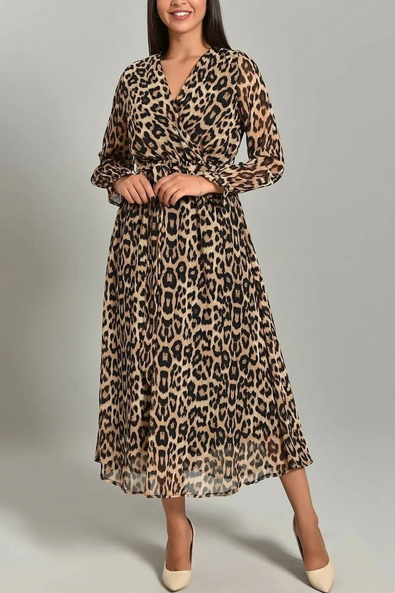 Women's Leopard Printli Wrap Neck Chiffon Plus Size Dress