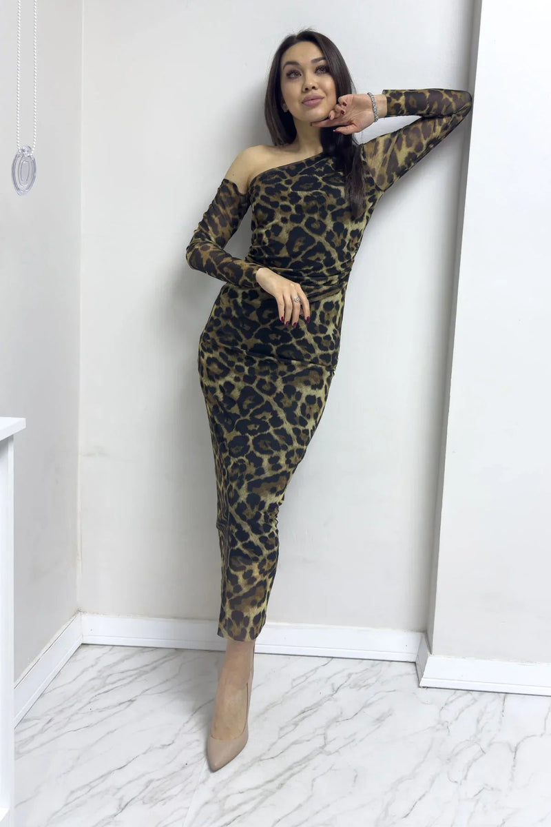 Women's Tek Omuz Leopard Printli Stretch Tulle Dress