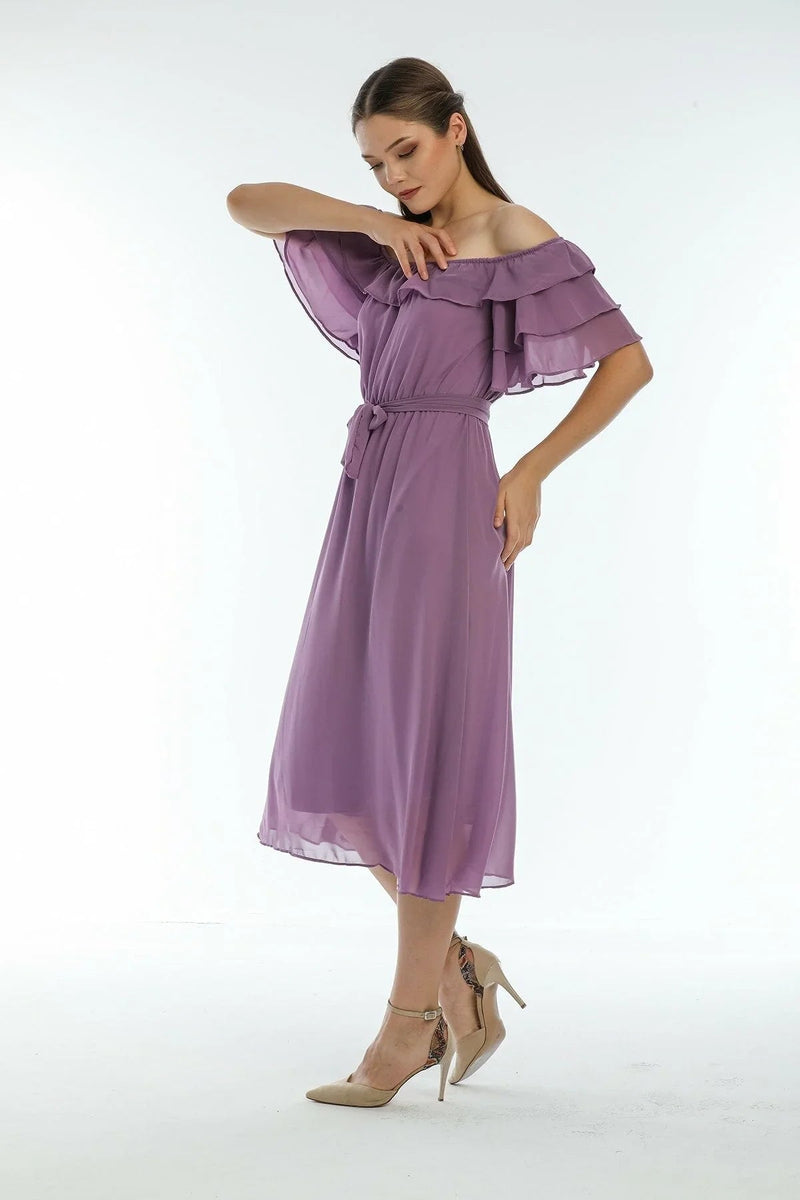 Women's Lilac Ruffled Madonna Collar Plus Size Chiffon Dress