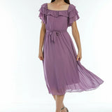 Lilac Ruffled Madonna Collar Plus Size Chiffon Dress
