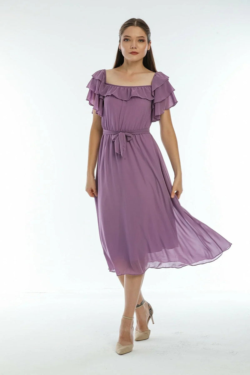 Women's Lilac Ruffled Madonna Collar Plus Size Chiffon Dress