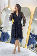 Schwarzes Pailletten-Abendkleid mit V-Ausschnitt 