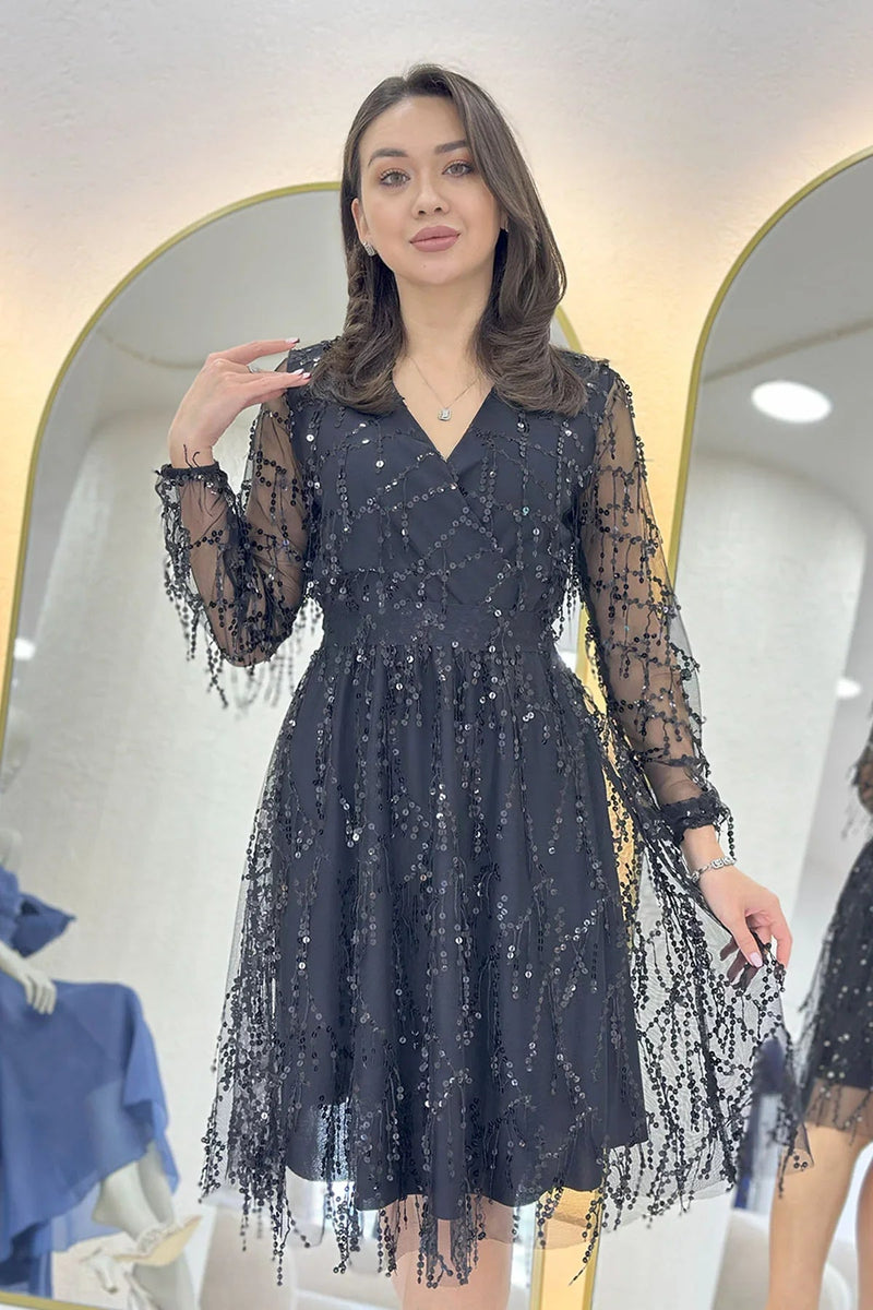 Women's Pulpayet V-Neck Tulle Plus Size Evening Gown-Black