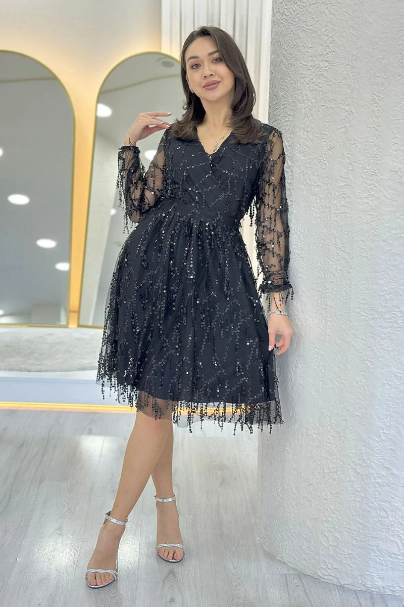 Women's Pulpayet V-Neck Tulle Plus Size Evening Gown-Black