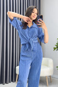 Blue Crinkle Short Sleeve Shirt and Pants Two-Piece Set