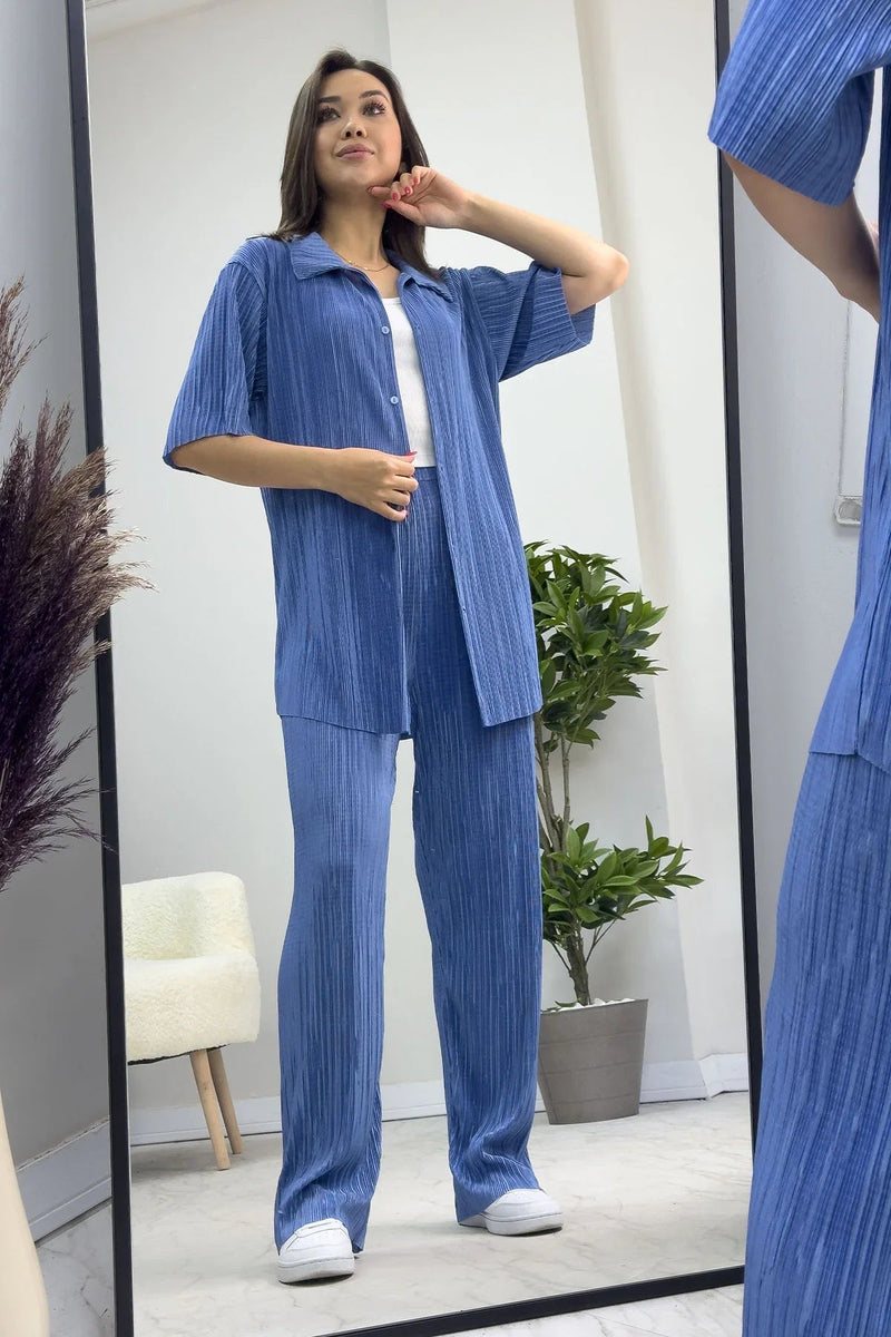 Women's Blue Krinkıl Short Sleeve Shirt Pants Two-Piece Set