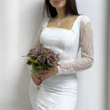 White Square Neck Glittery Midi-Lenght Evening Dress