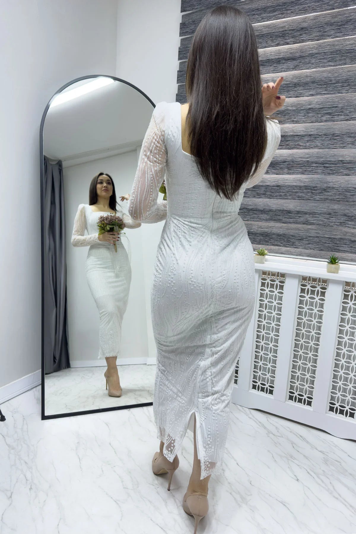 Women's White Square Neck Glitter Long Sleeve Midi Evening Gown