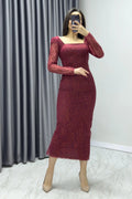 Burgundy Square Neck Glittery Midi-Lenght Evening Dress