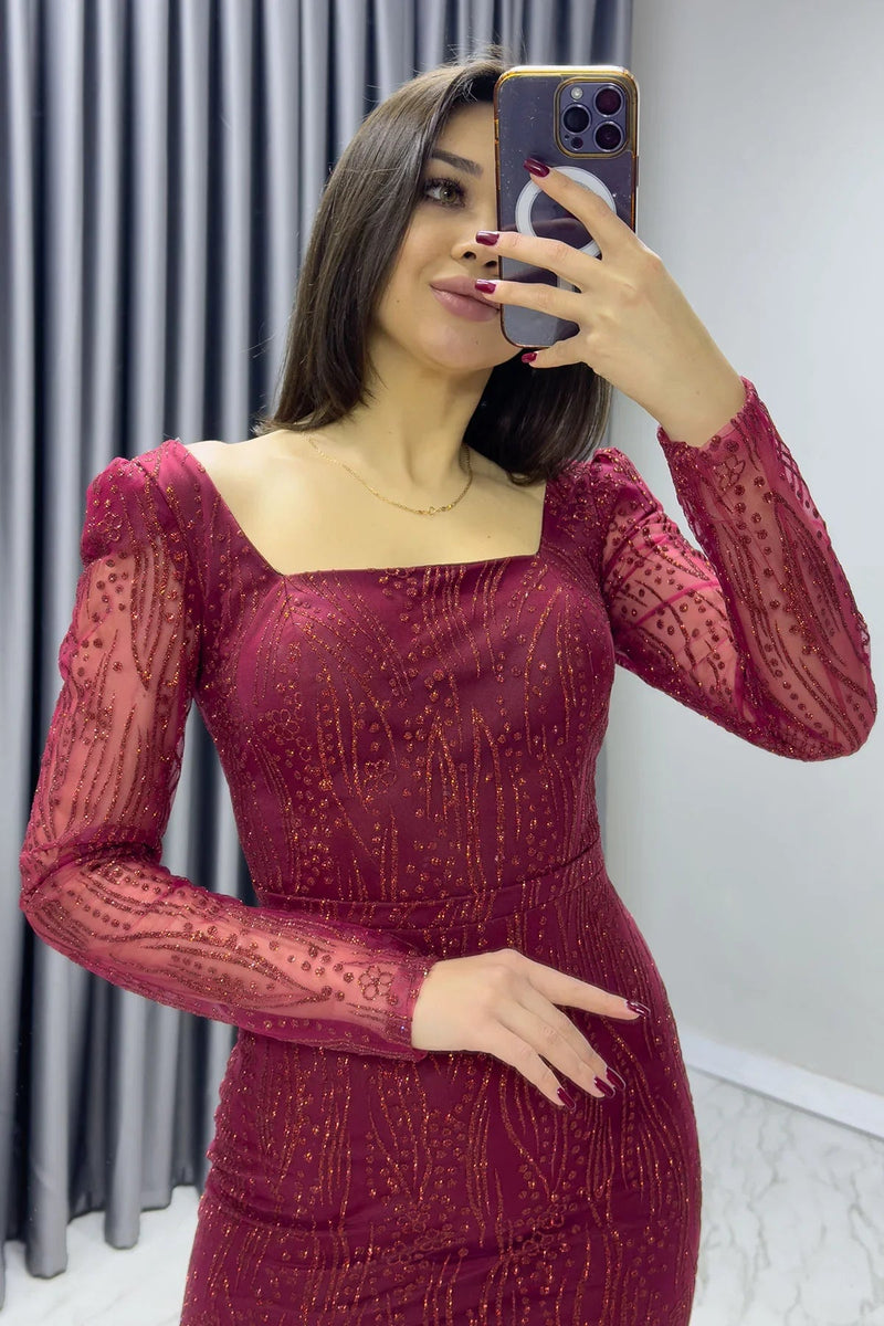 Women's Burgundy Square Neck Gold Glitter Long Sleeve Midi Evening Gown
