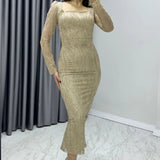 Gold Square Neck Glittery Midi-Lenght Evening Dress