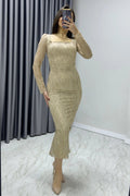 Gold Square Neck Glittery Midi-Lenght Evening Dress