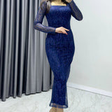 Blue Square Neck Glittery Midi-Lenght Evening Dress