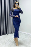 Blue Square Neck Glittery Midi-Lenght Evening Dress