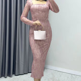 Powder Pink Square Neck Glittery Midi-Lenght Evening Dress