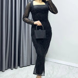 Black Square Neck Glittery Midi-Lenght Evening Dress