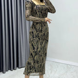 Black Square Neck Glittery Midi-Lenght Evening Dress