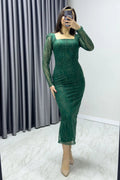 Emerald Green Square Neck Glittery Midi-Lenght Evening Dress