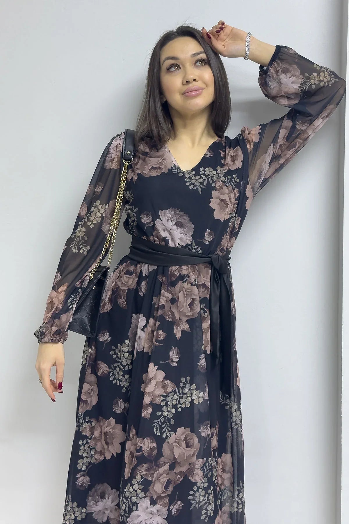 Women's Black Brown Floral V-Neck Midi Chiffon Plus Size Dress
