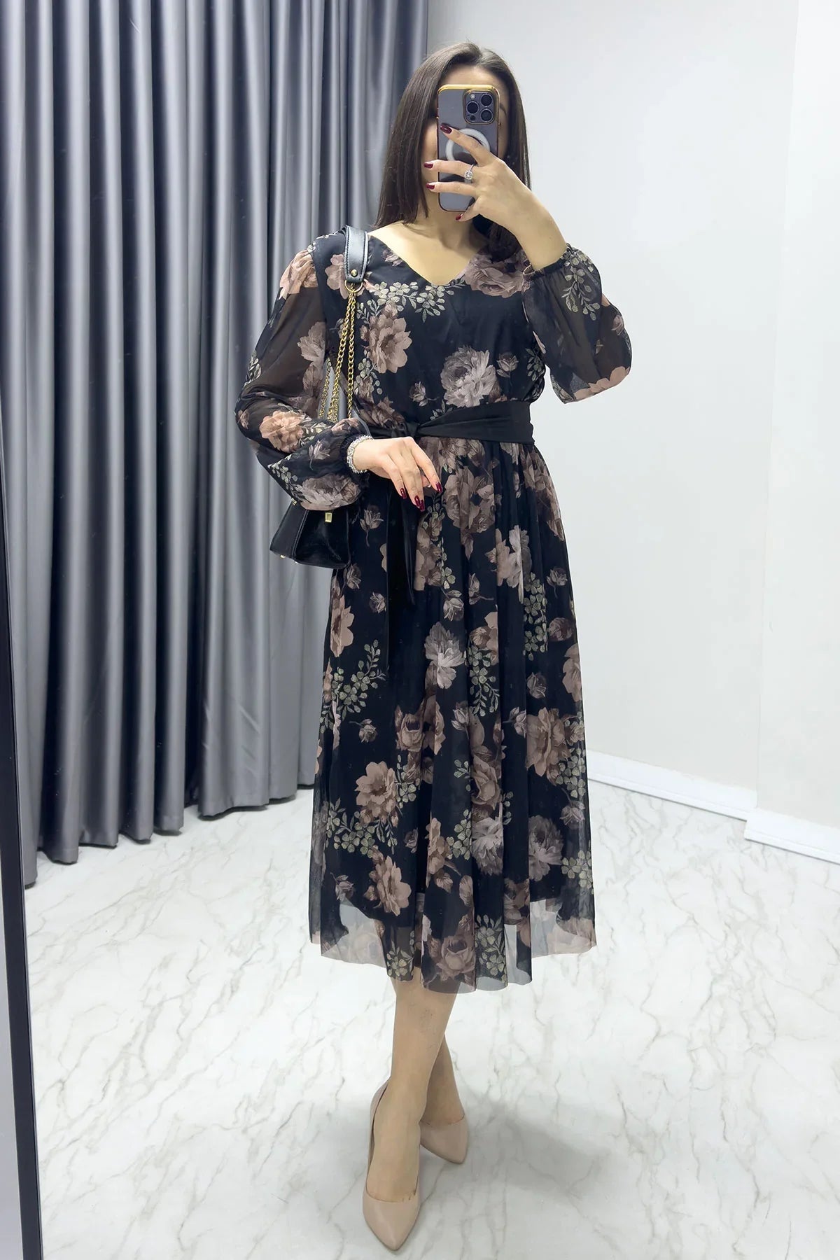 Women's Black Brown Floral V-Neck Midi Chiffon Plus Size Dress