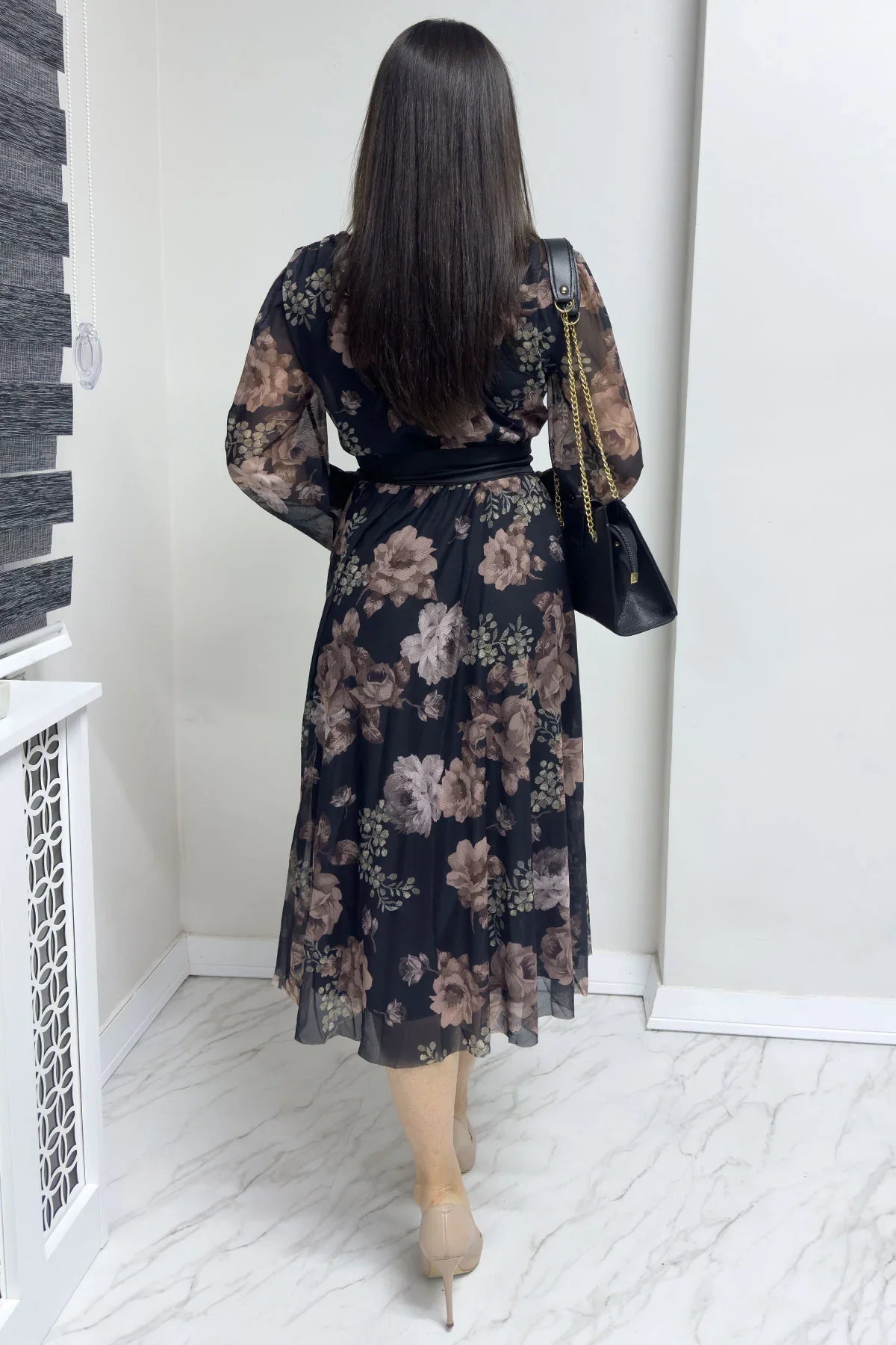 Women's Black Brown Floral V-Neck Midi Chiffon Plus Size Dress