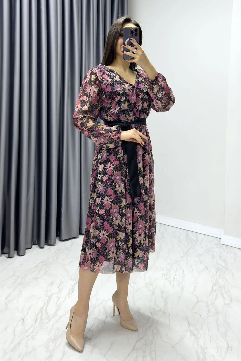 Women's Black Floral V-Neck Midi Chiffon Plus Size Dress